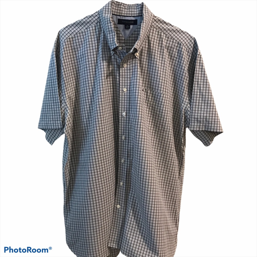 Tommy Hilfiger Button Down Shirt XXL White Black Check Excellent Short Sleeve